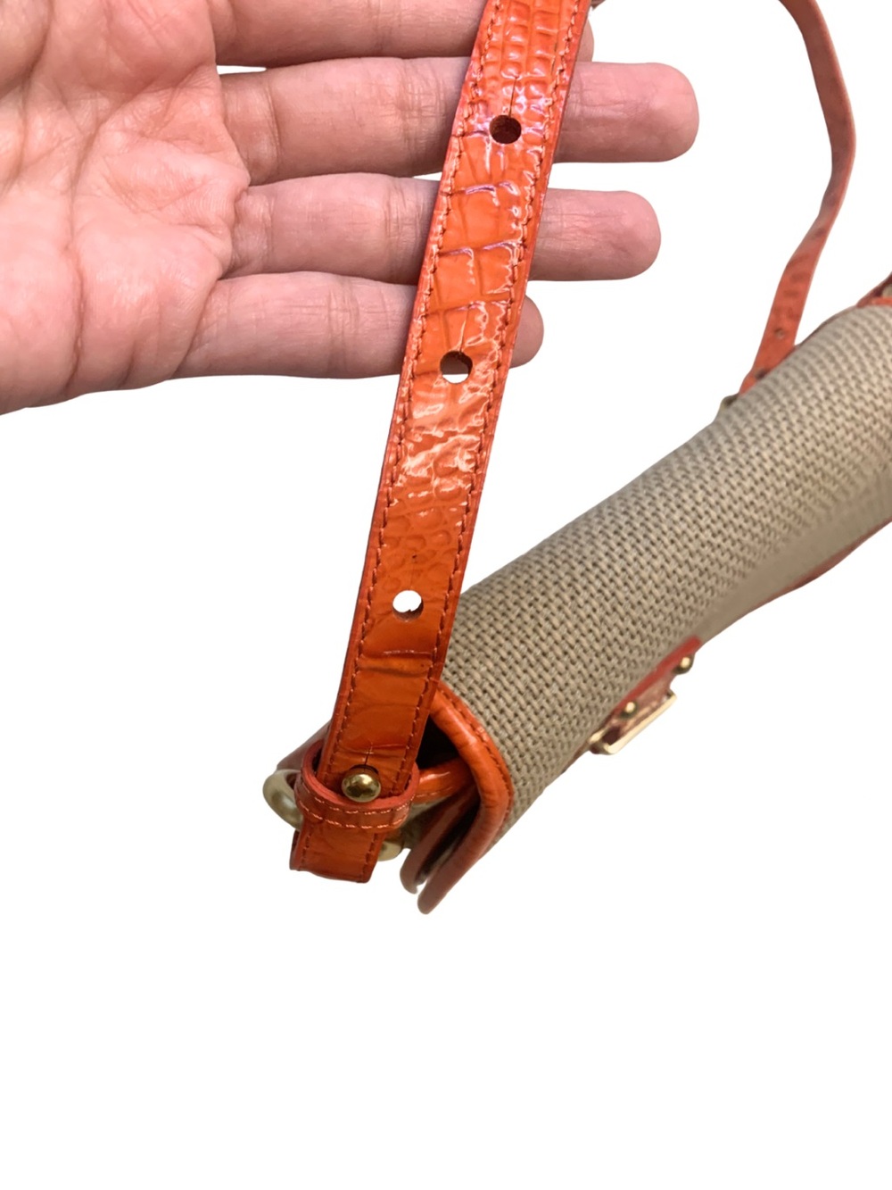 BRAHMIN Orange Leather Tan Raffia Crossbody Saddle Bag Coastal Nautical Preppy - Picture 5 of 10